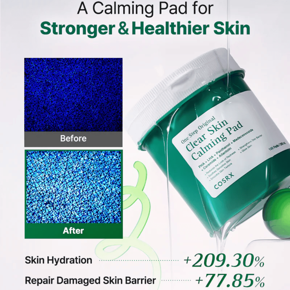 Promotional image for COSRX One Step Original Clear Skin Calming Pad showing improved hydration and a strengthened skin barrier after use.