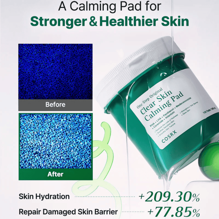 Promotional image for COSRX One Step Original Clear Skin Calming Pad showing improved hydration and a strengthened skin barrier after use.