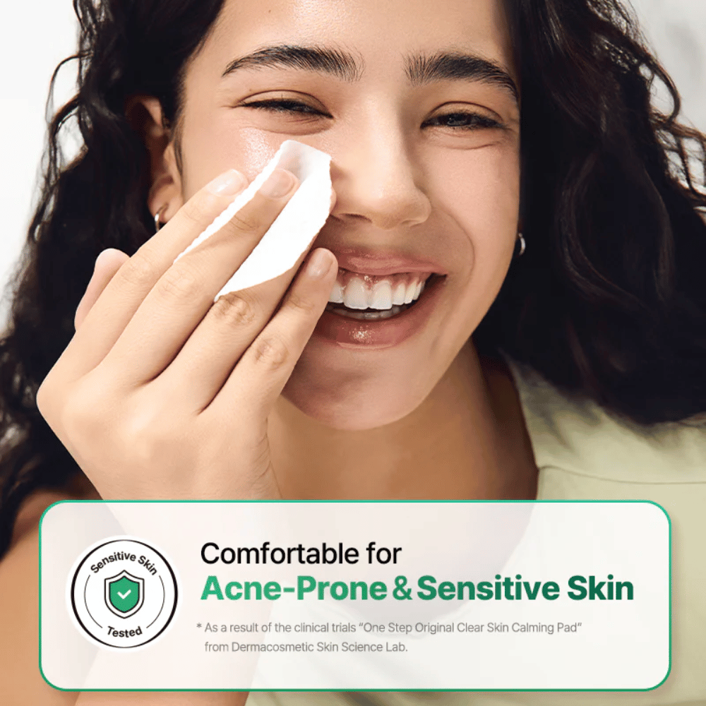 Model using COSRX One Step Original Clear Skin Calming Pad on the skin with a focus on sensitive and acne-prone skin.