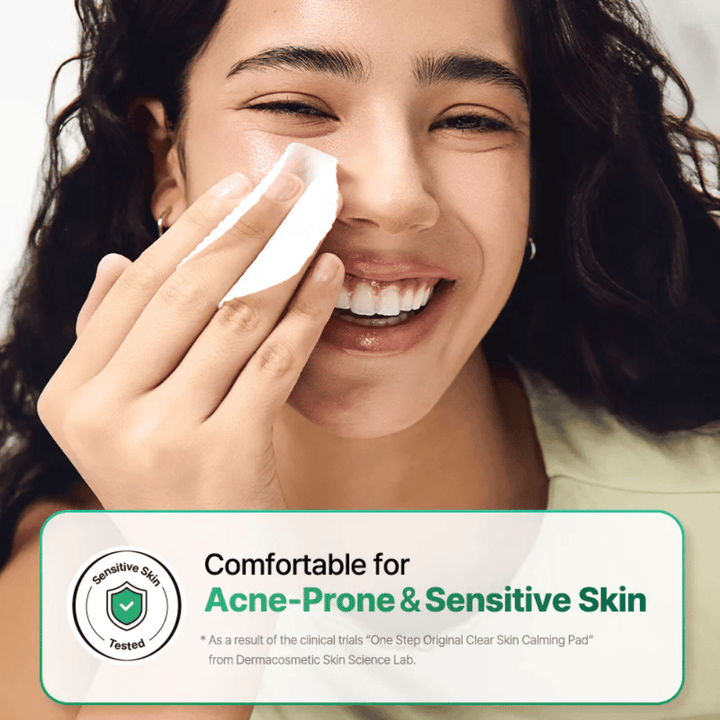 Model using COSRX One Step Original Clear Skin Calming Pad on the skin with a focus on sensitive and acne-prone skin.