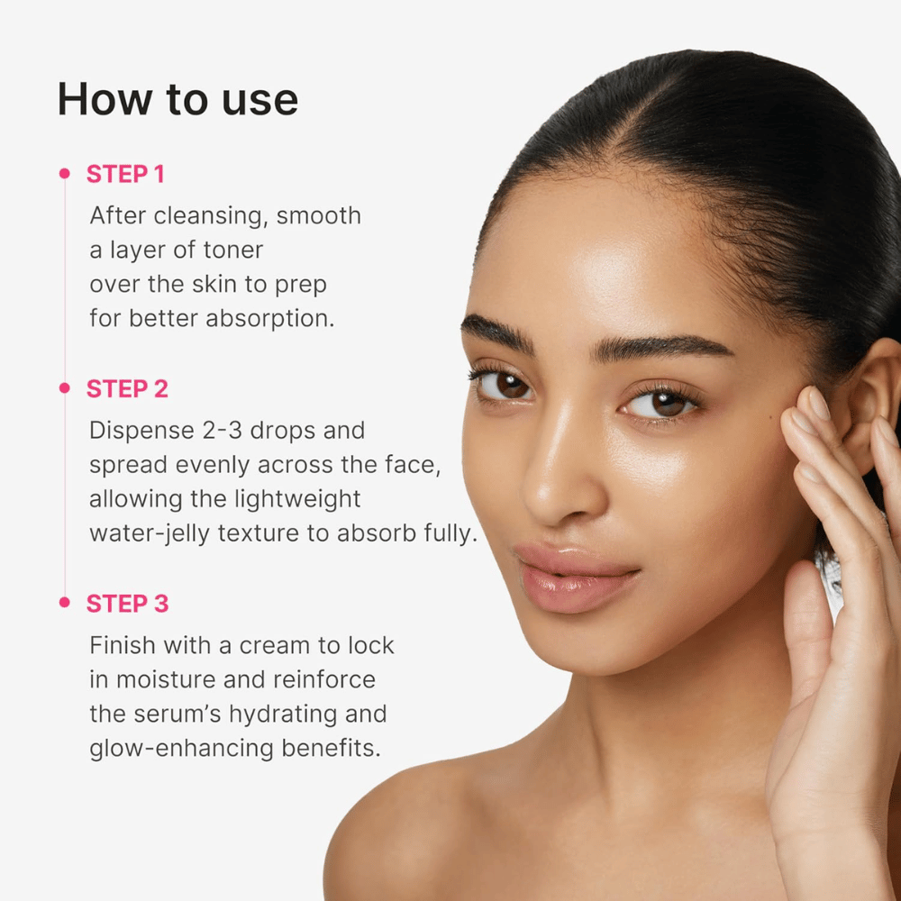 Medicube PDRN Collagen Glow Jelly Serum with a step-by-step guide for application after cleansing and toner