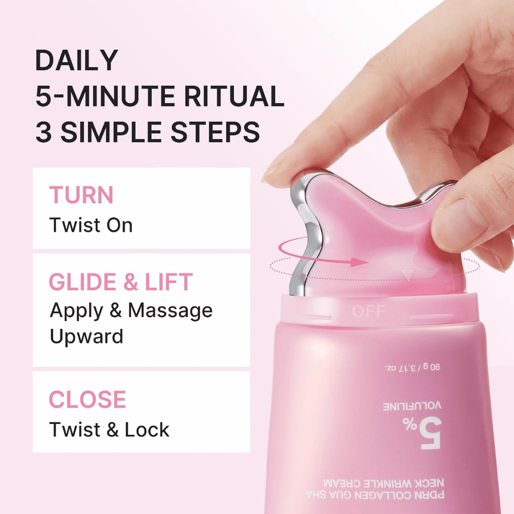 1. Medicube PDRN Collagen Gua Sha Neck Wrinkle Cream – application and massage in three simple steps