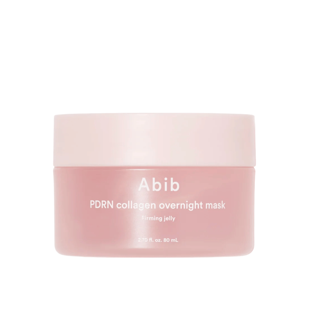 Minimalist product image of Abib PDRN Collagen Overnight Mask in a pink jar, focusing on the design and product name against a light background.