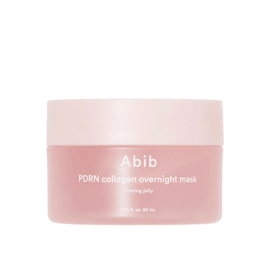 Minimalist product image of Abib PDRN Collagen Overnight Mask in a pink jar, focusing on the design and product name against a light background.