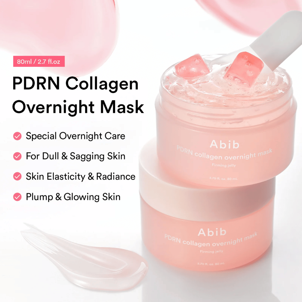 Product image of Abib PDRN Collagen Overnight Mask with a pink gel texture and silicone spatula that highlight the night mask’s moisturizing and radiance-boosting properties.