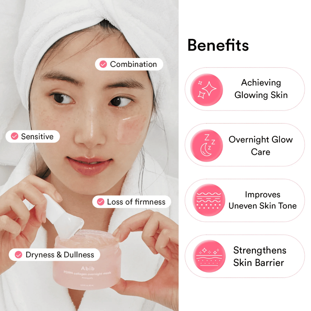 Image highlighting the product’s benefits for sensitive, dry, and dull skin, with a focus on glow, the skin barrier, and improved elasticity.