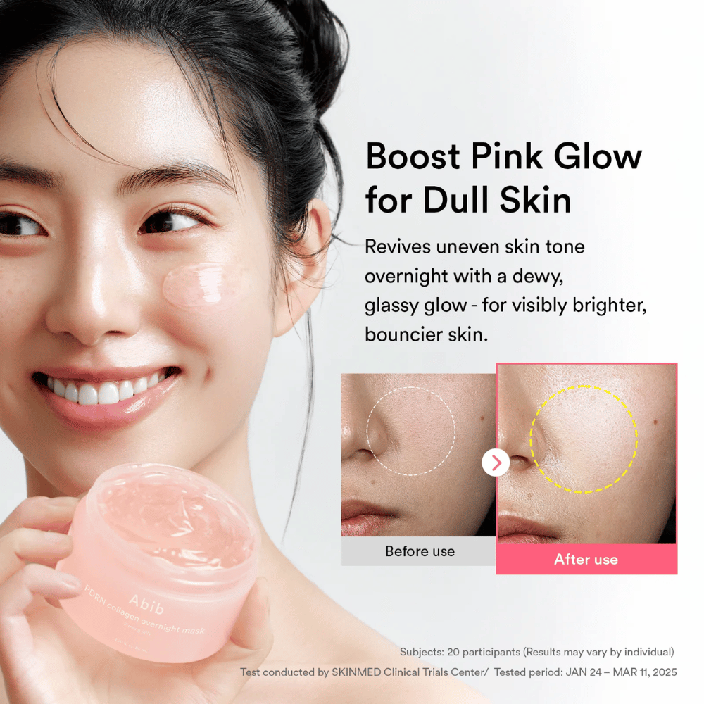 Model holding Abib PDRN Collagen Overnight Mask together with a before-and-after illustration showing glow and a more even skin tone after overnight use.