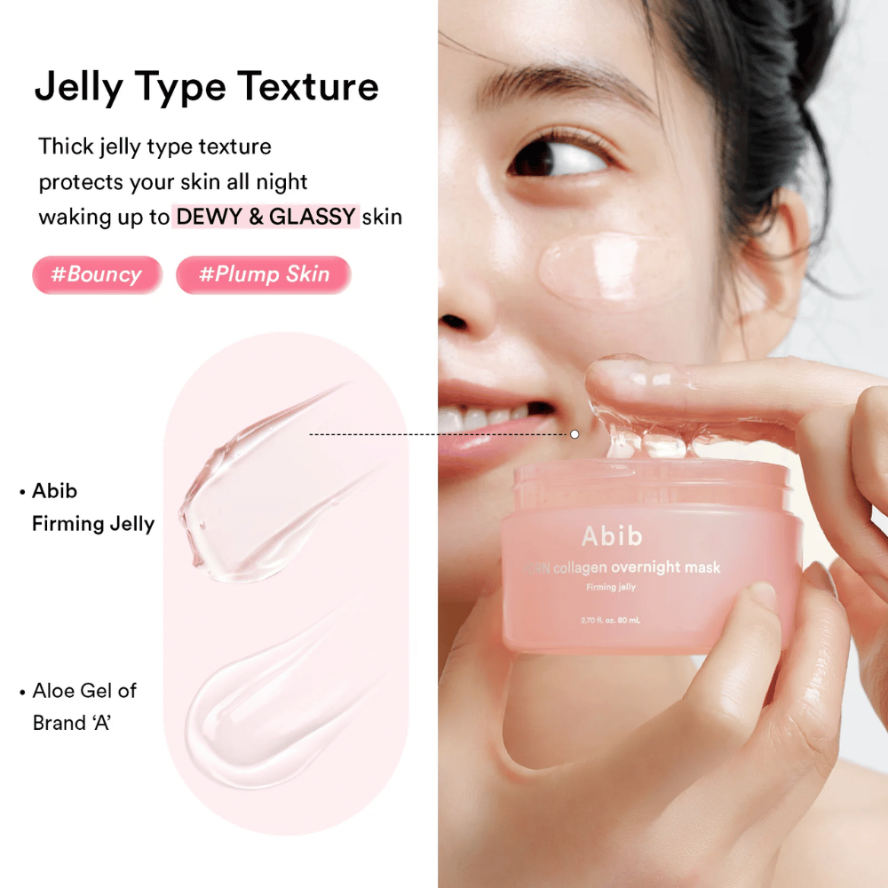 Close-up of the gel-like consistency of Abib PDRN Collagen Overnight Mask, showing a rich and glossy texture developed for hydrated and dewy skin.
