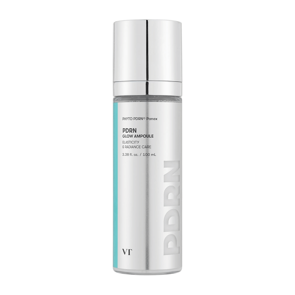 VT PDRN Glow Ampoule in a silver-colored bottle with a pump, labeled indicating a content of 100 ml. The product is designed for elasticity and radiant skin, with the text "PHYTO PDRN® Panax" and "Elasticity & Radiance Care".