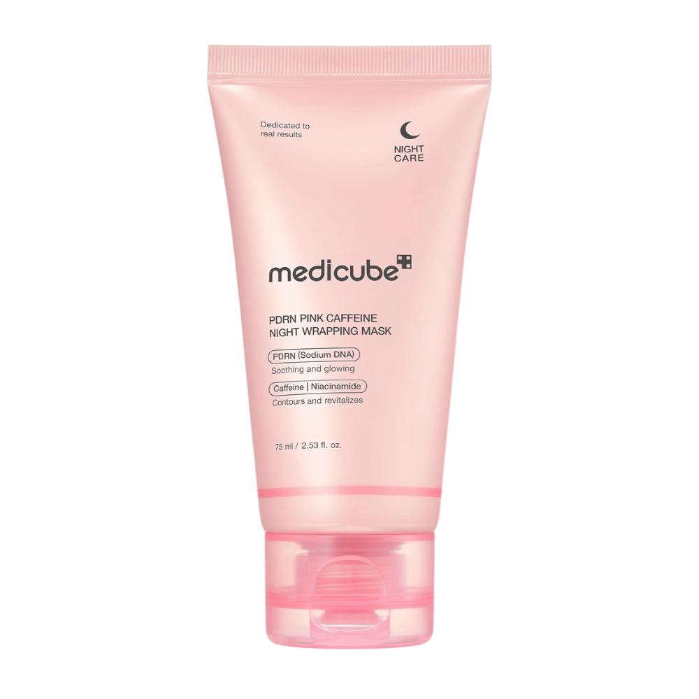 Medicube PDRN Pink Caffeine Night Wrapping Mask 75 ml – Korean sleeping mask with PDRN, caffeine, and niacinamide for radiance and hydration.