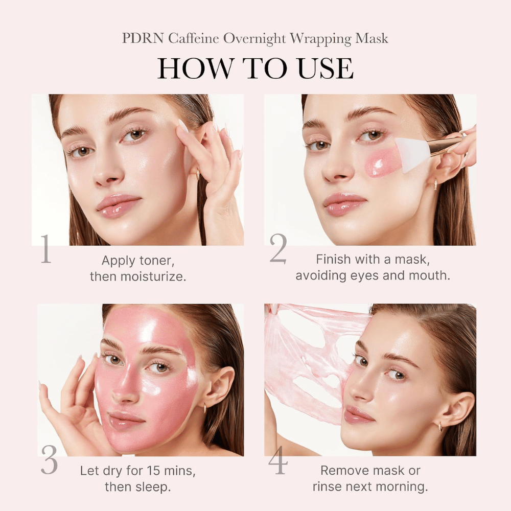 How to use Medicube PDRN Pink Caffeine Night Wrapping Mask – apply in the evening, let dry, and remove the mask in the morning.