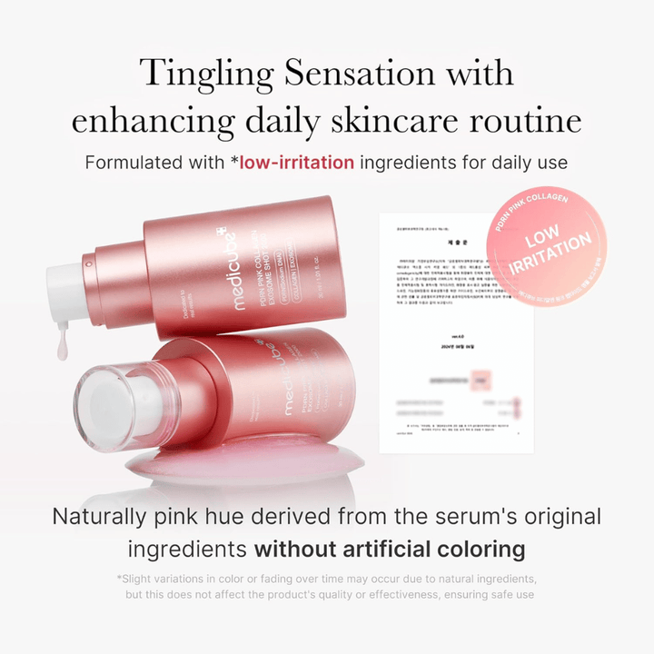 Medicube PDRN Pink Collagen Exosome Shot 2000 with information about low irritation. The product has a naturally pink color from the ingredients and is developed for daily use with a gentle feel on the skin.