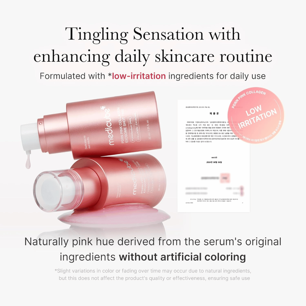 Medicube PDRN Pink Collagen Exosome Shot 7500 presented with a focus on low irritation. The serum has a naturally pink tone from the ingredients and is developed to provide a tingling sensation that supports the skincare routine.