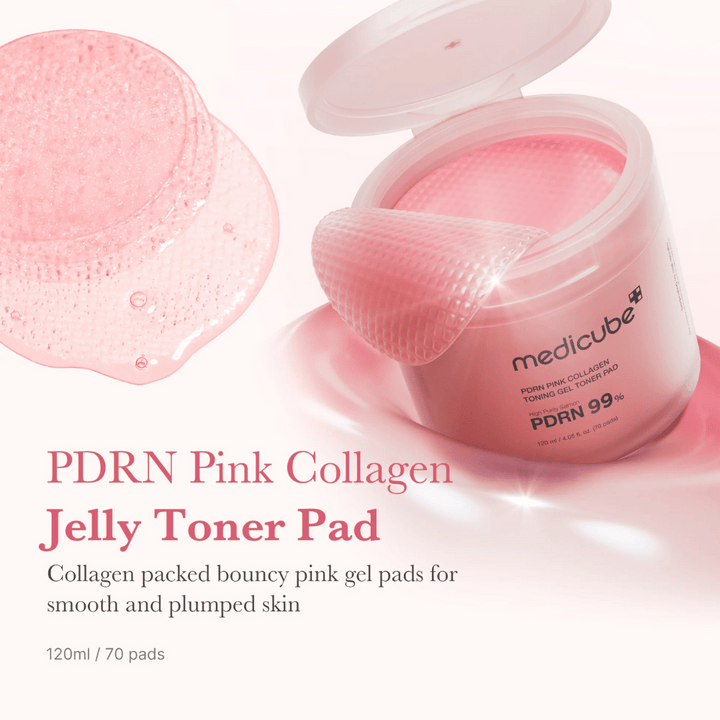 Öppen burk med Medicube PDRN Pink Collagen Jelly Toner Pads, med en upphöjd rosa gelpad och text som beskriver kollageninnehåll för slät och återfuktad hud.