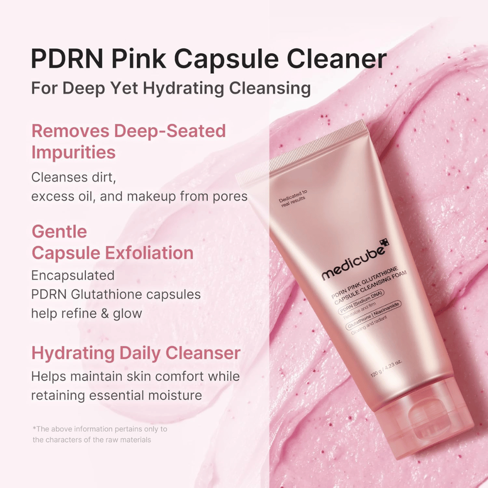 Medicube PDRN Pink Glutathione Capsule Cleansing Foam that removes dirt, sebum, and makeup while moisturizing the skin