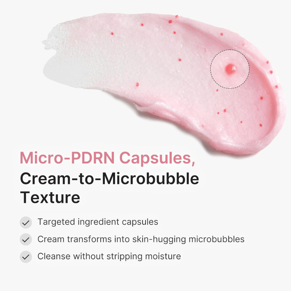 Creamy cleanser with PDRN capsules that transform into microbubbles and gently cleanse the skin without drying it out