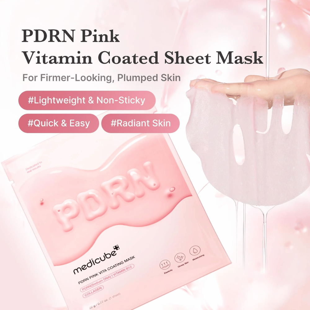 Product image with mask and packaging – focus on moisturizing Sheet mask with a light, non-sticky feel.