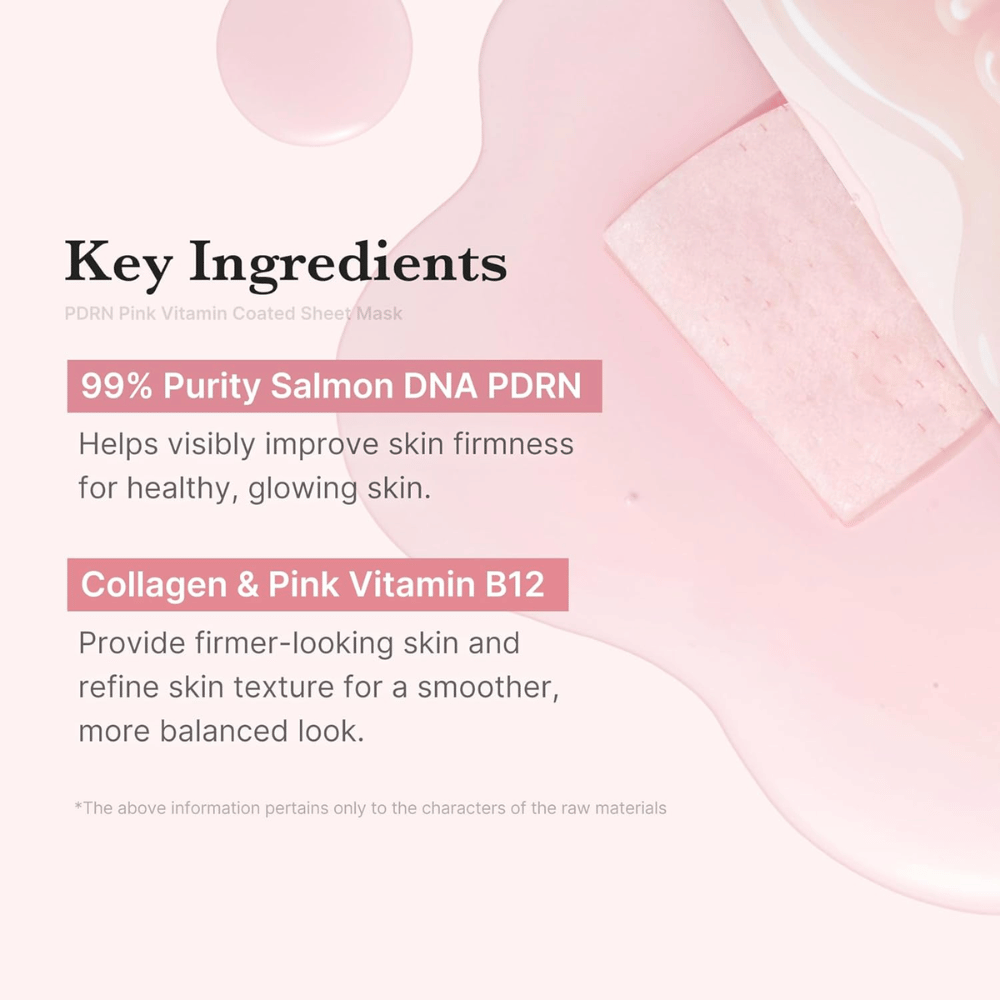 Graphic image of key ingredients – PDRN (salmon DNA), collagen, and vitamin B12 for firmer and more even skin.