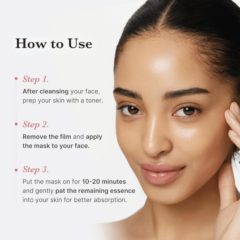 Instructional image with model – step-by-step how to use the sheet mask (cleansing, application, leave on for 10–20 min).