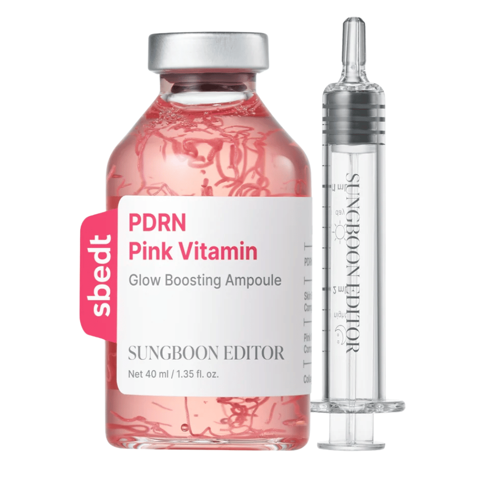 8. SUNGBOON EDITOR PDRN Pink Vitamin Glow Boosting Ampoule 40 ml – pink glass bottle with matching transparent applicator against a white background