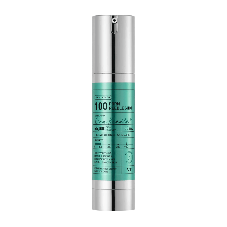 VT Cosmetics PDRN Reedle Shot 100 bottle with minimalist design and active formula to improve skin texture, radiance, and elasticity