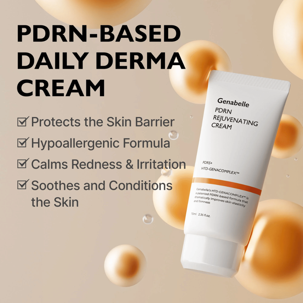 Genabelle PDRN Rejuvenating Cream surrounded by golden spheres symbolizing PDRN technology. The image highlights skin barrier-strengthening properties, a soothing effect, and a hypoallergenic formula for daily use.