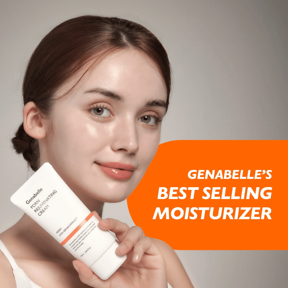 A person holds up Genabelle PDRN Rejuvenating Cream in front of the camera. The image highlights the product as a best-selling facial cream with a focus on hydration, skin renewal, and healthy, radiant skin.