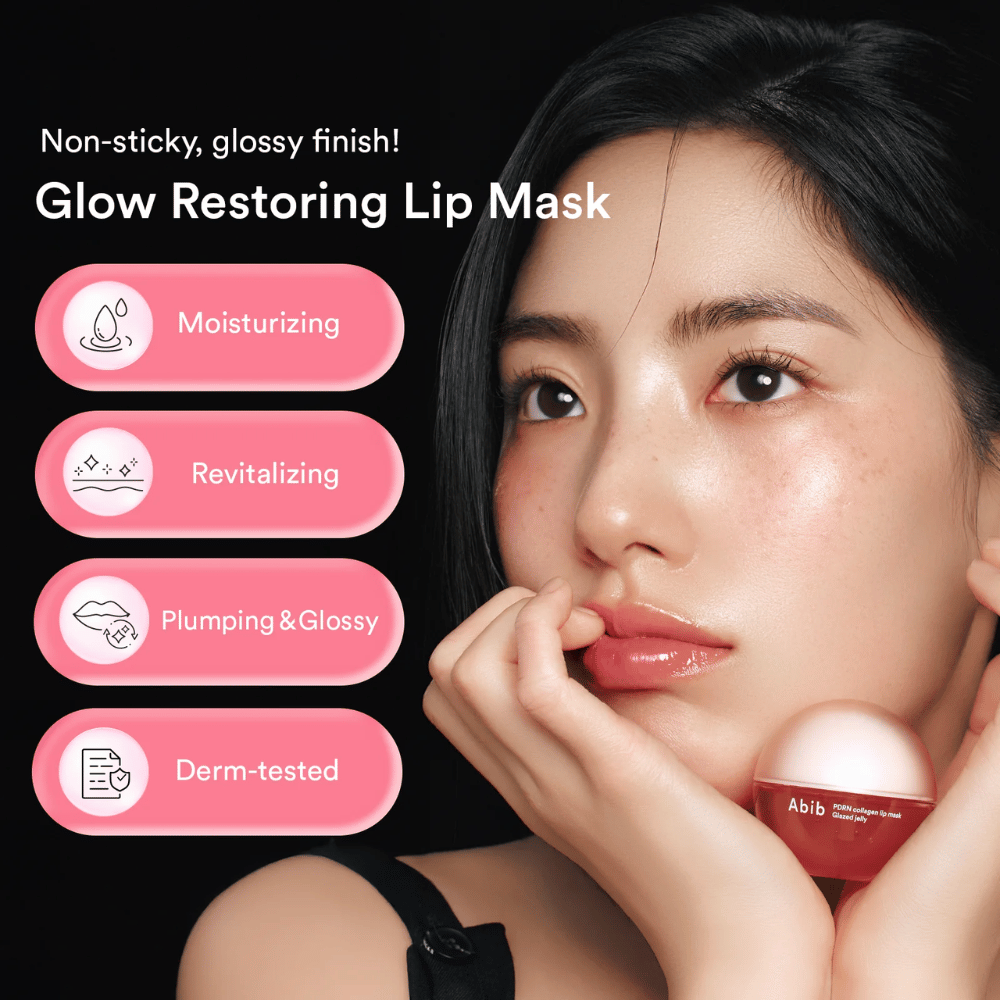 Woman with glossy lips holding a pink jar Abib PDRN Collagen Lip Mask. Text to the left lists Benefits: moisturizing, revitalizing, plumping & glossy and dermatologically tested.