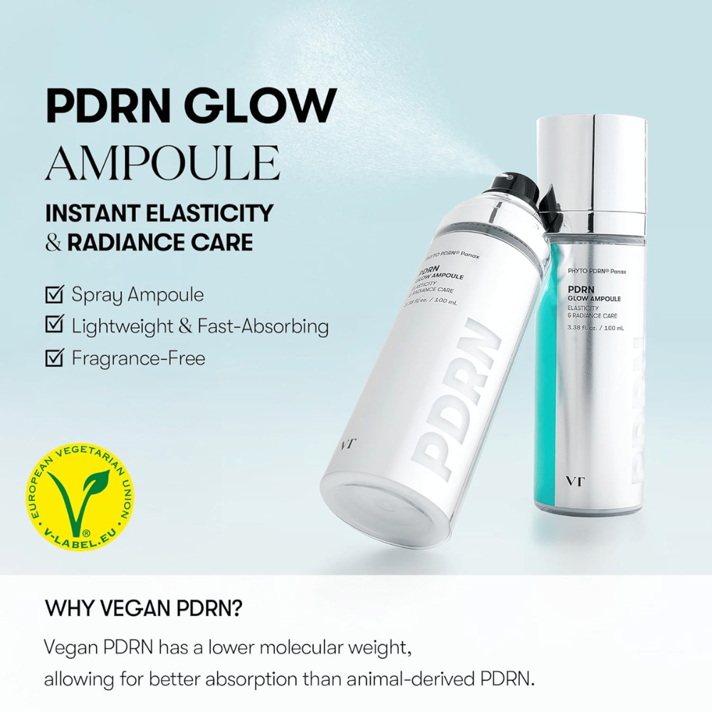 Image of two bottles of VT PDRN Glow Ampoule, a spray bottle and a pump bottle, with information that the product provides instant elasticity and glow. The text mentions that the product is lightweight, quickly absorbing, and fragrance-free, and that it contains vegan PDRN for better absorption. V-label for vegetarian content is also visible.