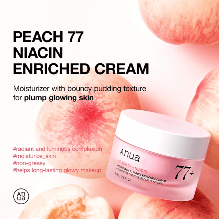 Anua Peach 77% Niacin Enriched Cream – pudding-like moisturizing cream that provides glow and plumpness with 77% peach extract.