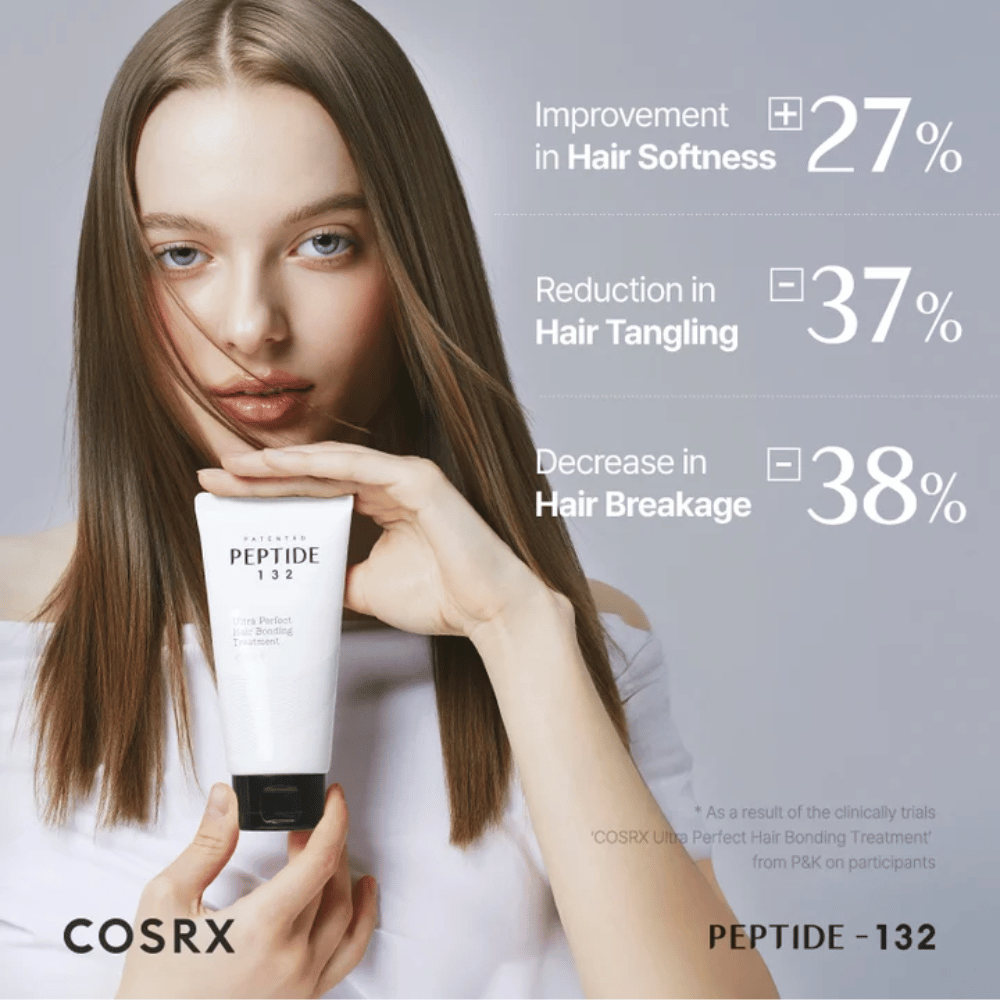 Woman holds COSRX Peptide 132 Treatment – shows clinical results with reduced hair breakage and increased softness.