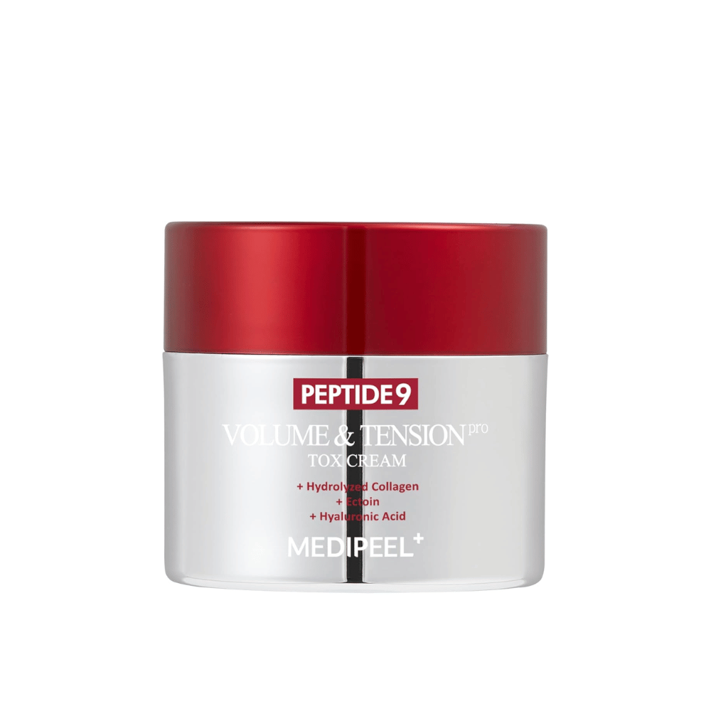 MEDI-PEEL Peptide 9 Volume & Tension Tox Cream in a silver jar with a red lid. An anti-aging cream with peptides and collagen that strengthens the skin's elasticity.