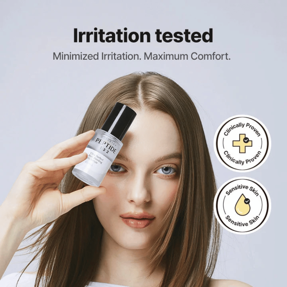 Woman holding COSRX Peptide 132 Hair Serum – clinically tested formula for sensitive skin and maximum comfort.