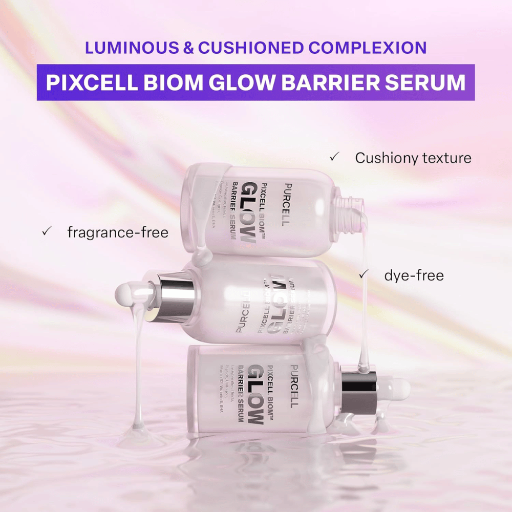 Three bottles of PURCELL Pixcell Biom Glow Barrier Serum stacked with flowing serum. Fragrance-free, dye-free, and with a soft, cushiony texture.
