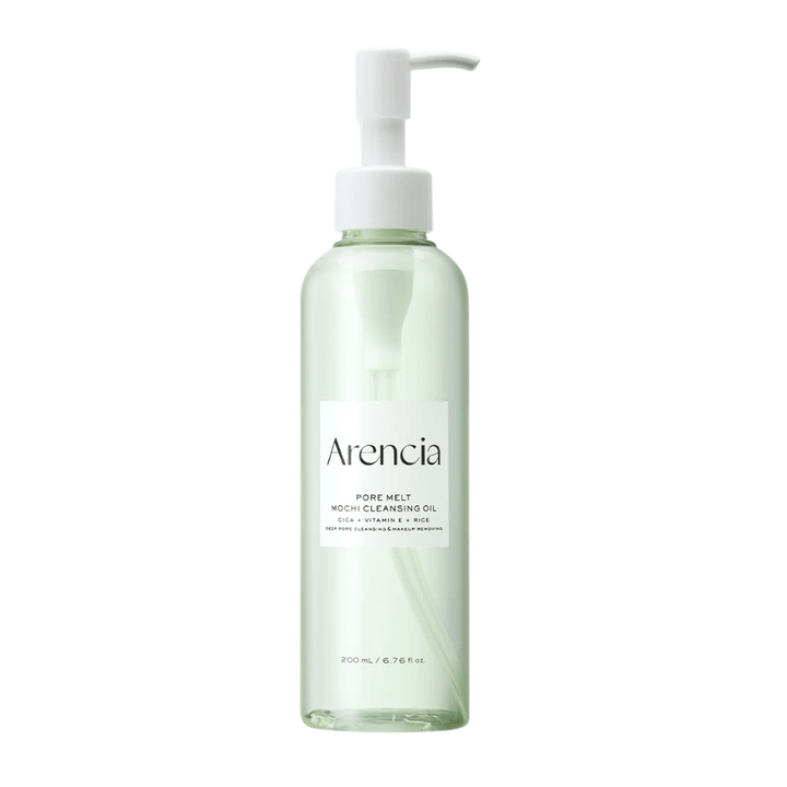 Arencia Pore Melt Mochi Cleansing Oil in full view against a white background, Korean oil cleanser with pump bottle that cleans pores and removes makeup without irritation.