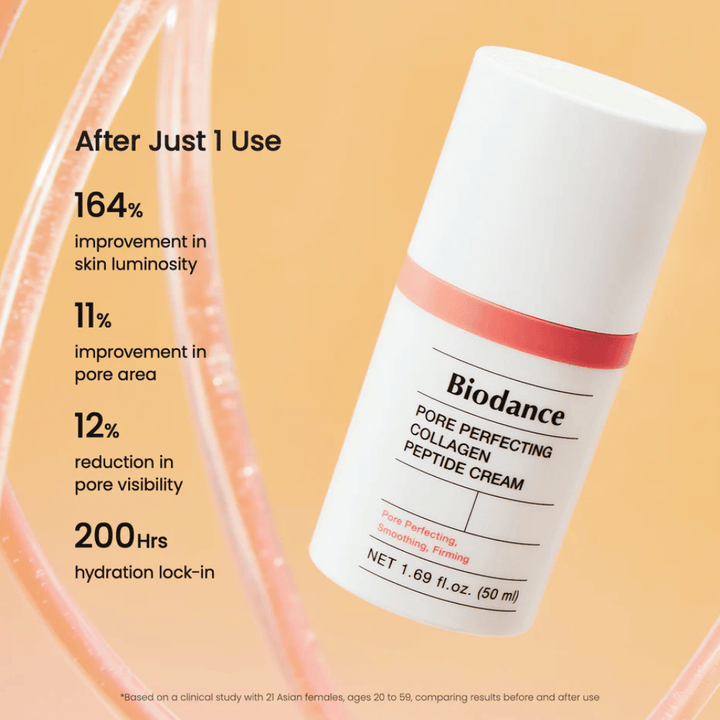 Biodance Pore Perfecting Collagen Peptide Cream results – minimizes pores, increases radiance, and provides 200 hours of hydration