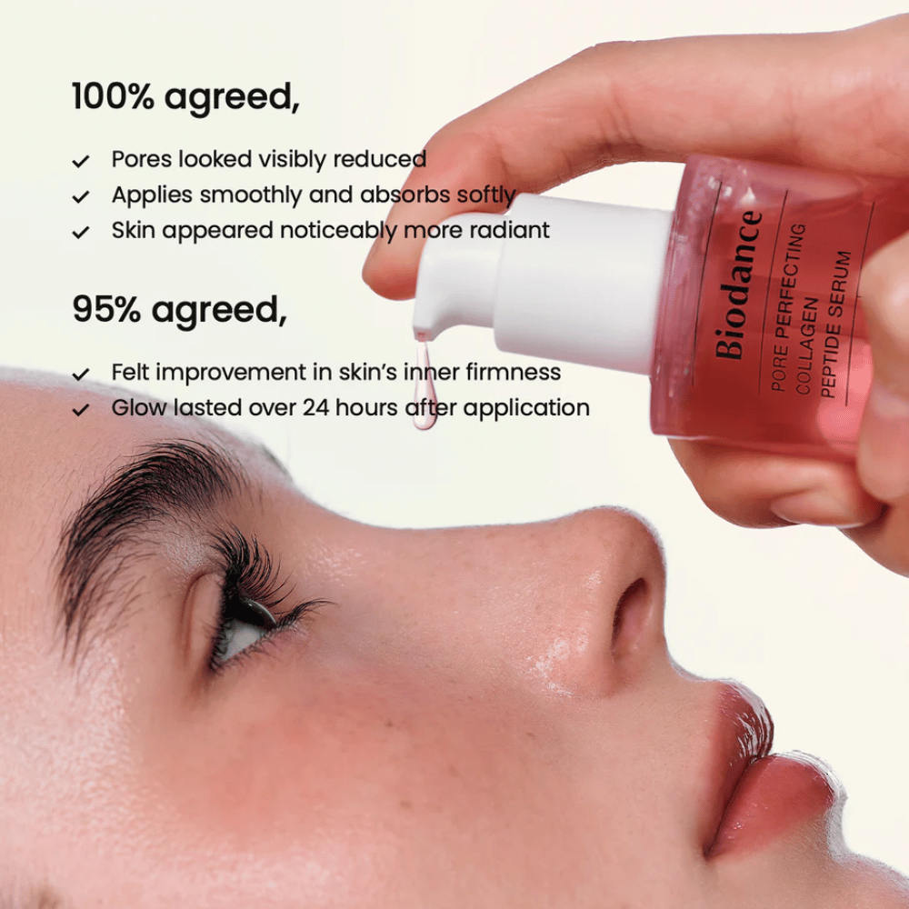 Biodance Collagen Peptide Serum is applied to the face – tightening serum for reduced pores and increased radiance.