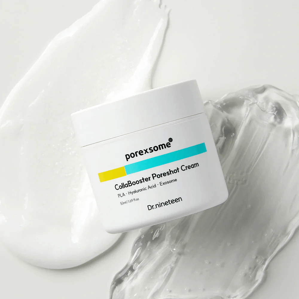 Dr.nineteen Porexsome CollaBooster Poreshot Cream on a shiny, gel-like surface. A moisturizing cream with exosomes and hyaluronic acid.