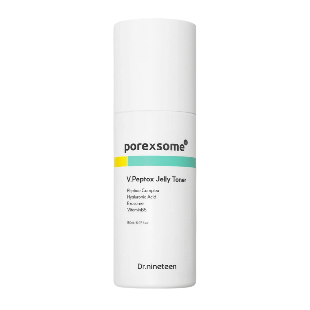 Product image of Dr.nineteen Porexsome V.Peptox Jelly Toner in a white bottle. A moisturizing toner with peptides, exosomes, and vitamin B5.