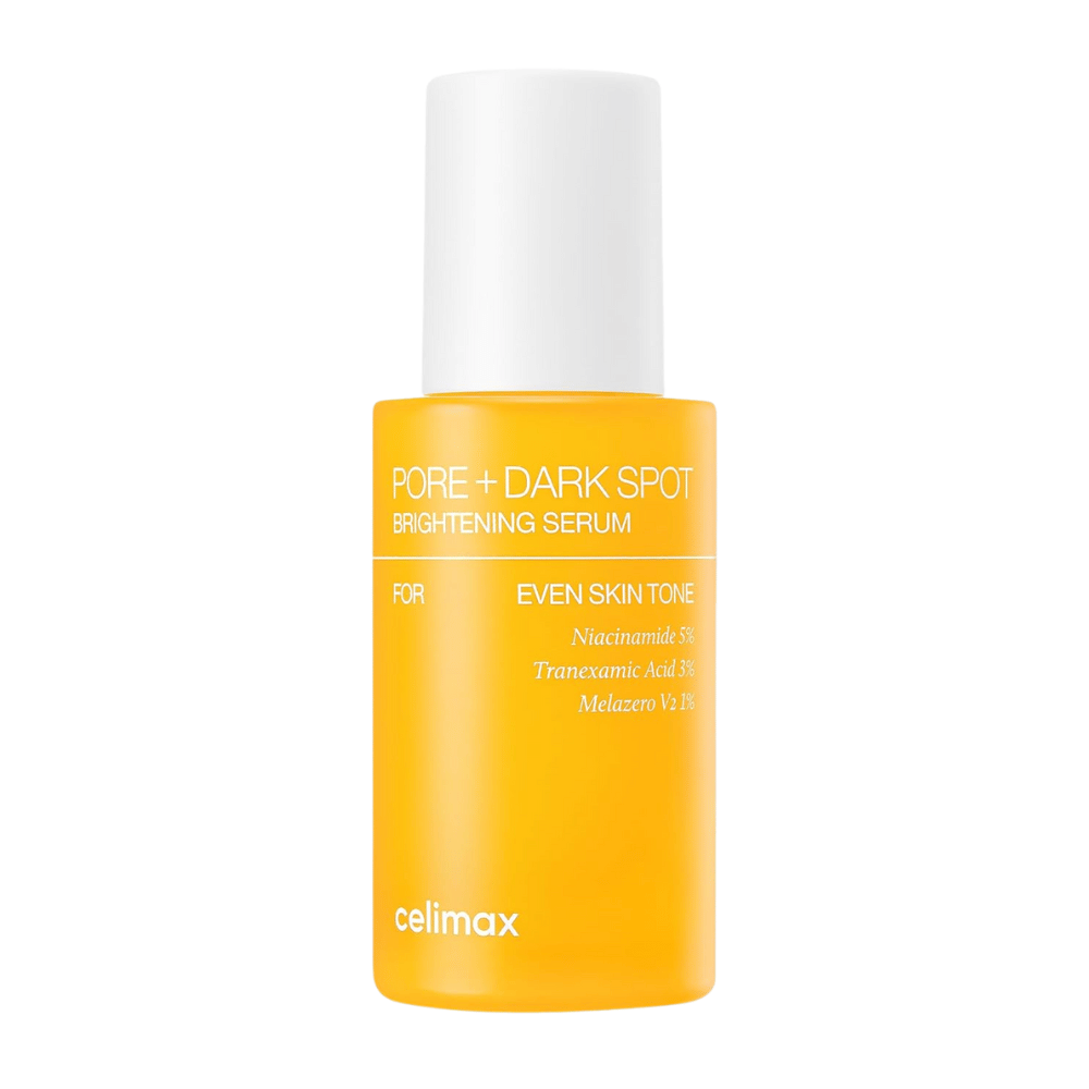 Celimax Pore + Dark Spot Brightening Serum in a standing yellow bottle with a white cap, contains niacinamide, tranexamic acid, and Melazero.