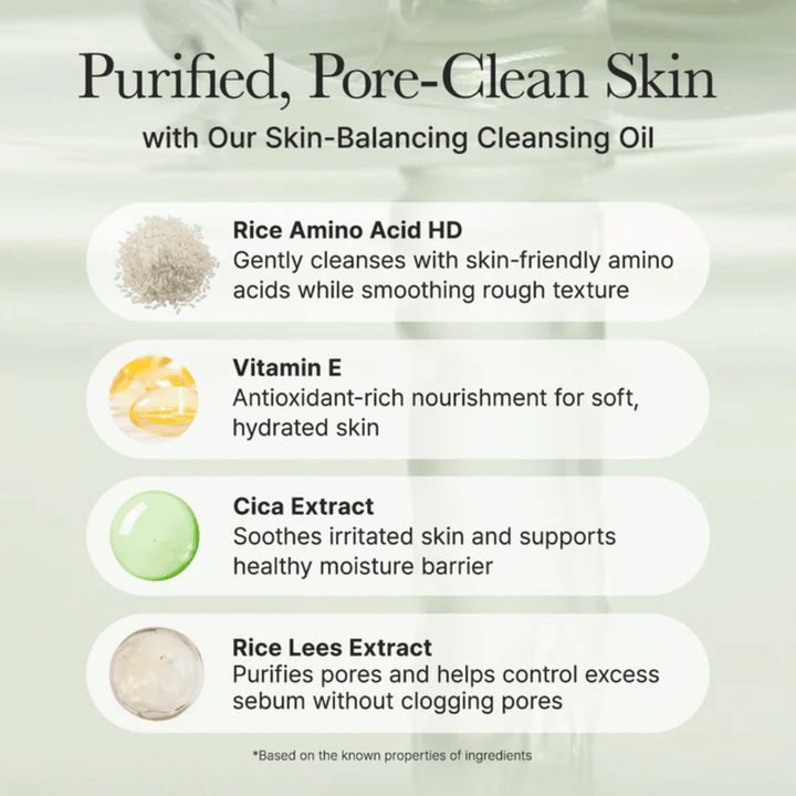 Ingredient overview for Arencia Pore Melt Mochi Cleansing Oil with rice amino acid, vitamin E, cica extract, and rice lees extract for gentle cleansing and strengthened skin barrier.
