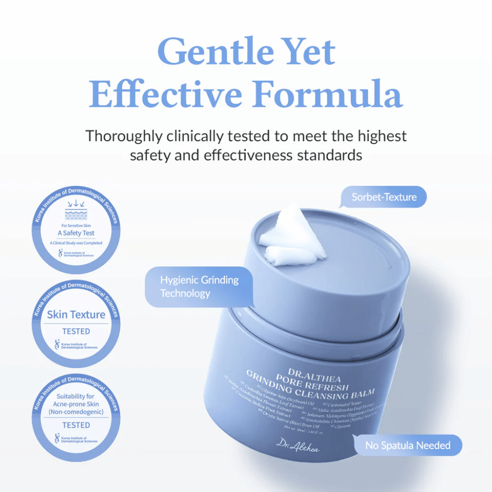 Dr.Althea Pore Refresh Grinding Cleansing Balm with the text "Gentle Yet Effective Formula" above. The jar has a sorbet texture with hygienic grinding technology and requires no spatula for use. Clinically tested for sensitive skin and acne-prone skin (non-comedogenic).