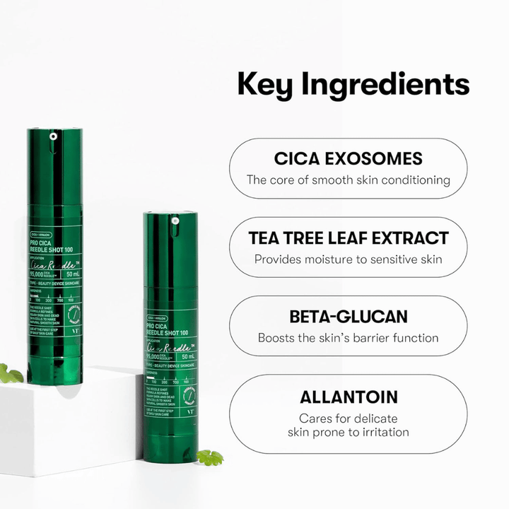 VT Cosmetics Pro Cica Reedle Shot 100 with key ingredients like CICA exosomes, tea tree extract, beta-glucan, and allantoin for soothing and barrier-strengthening skincare