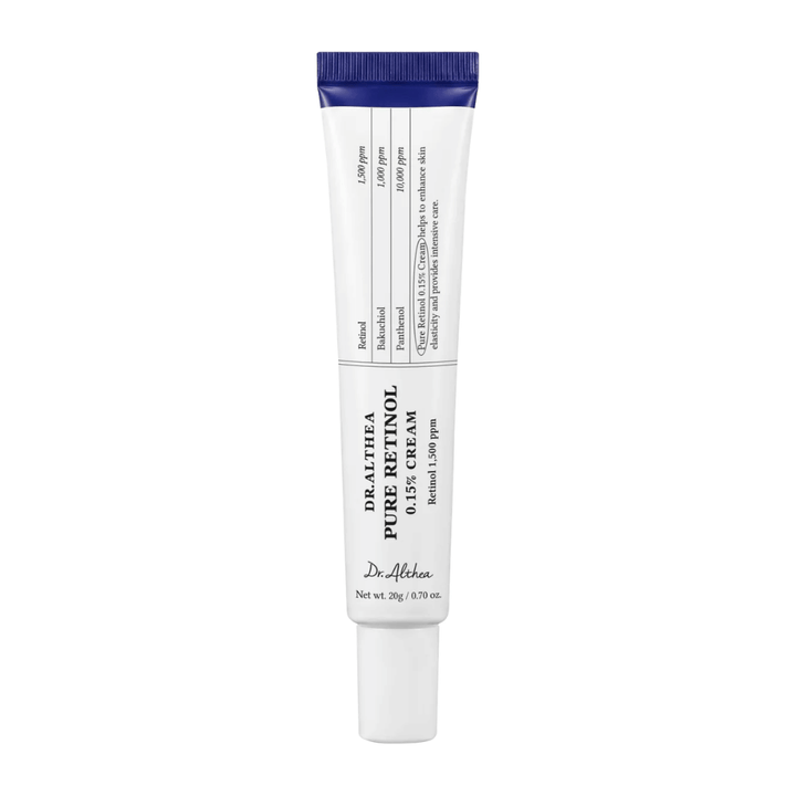 Cut-out product image of Dr. Althea Pure Retinol 0.15% Cream against a white background. The minimalist tube design highlights the product’s clean and clinical appearance while the retinol concentration is clearly communicated on the packaging.