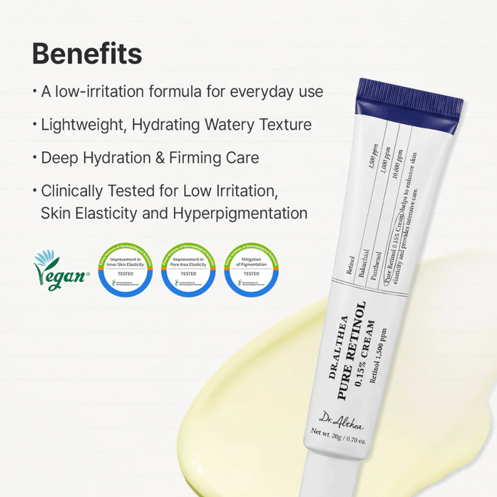 Benefit image presenting the product’s main features. Here, the low-irritation formula, moisturizing texture, firming effect, and clinical tests for skin elasticity and pigmentation are highlighted. Vegan labeling and test results are clearly shown together with the product.