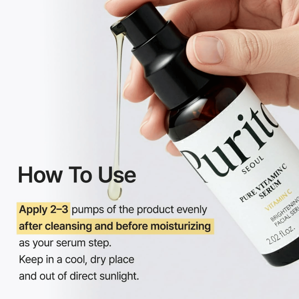 How to use Purito SEOUL Pure Vitamin C Serum – apply 2–3 pumps after cleansing and before face cream as the serum step in your skincare routine.