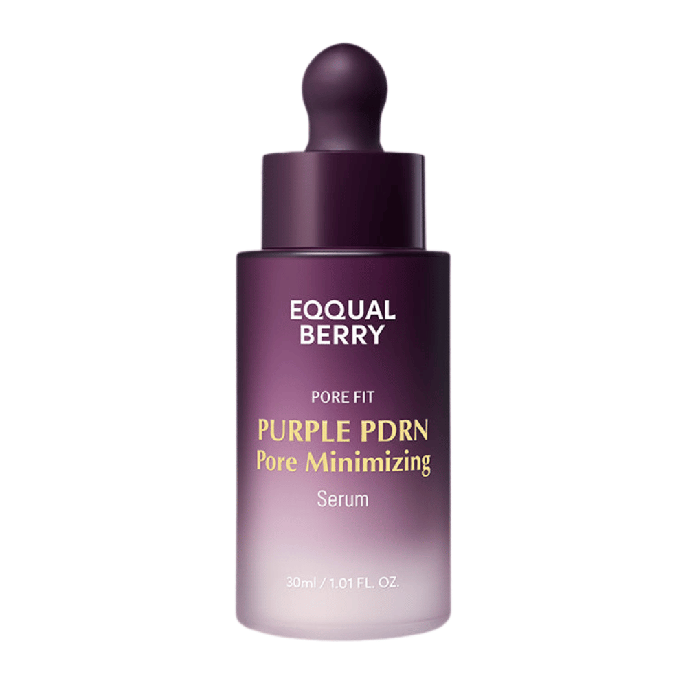 EQUAL BERRY Purple PDRN Pore Minimizing Serum in a purple glass bottle with a pipette and white-yellow text against a white background.