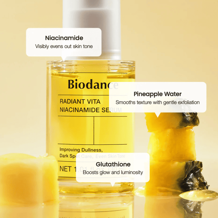 Biodance Radiant Vita Niacinamide Serum with niacinamide, pineapple water, and glutathione for radiance, even skin tone, and mild exfoliation