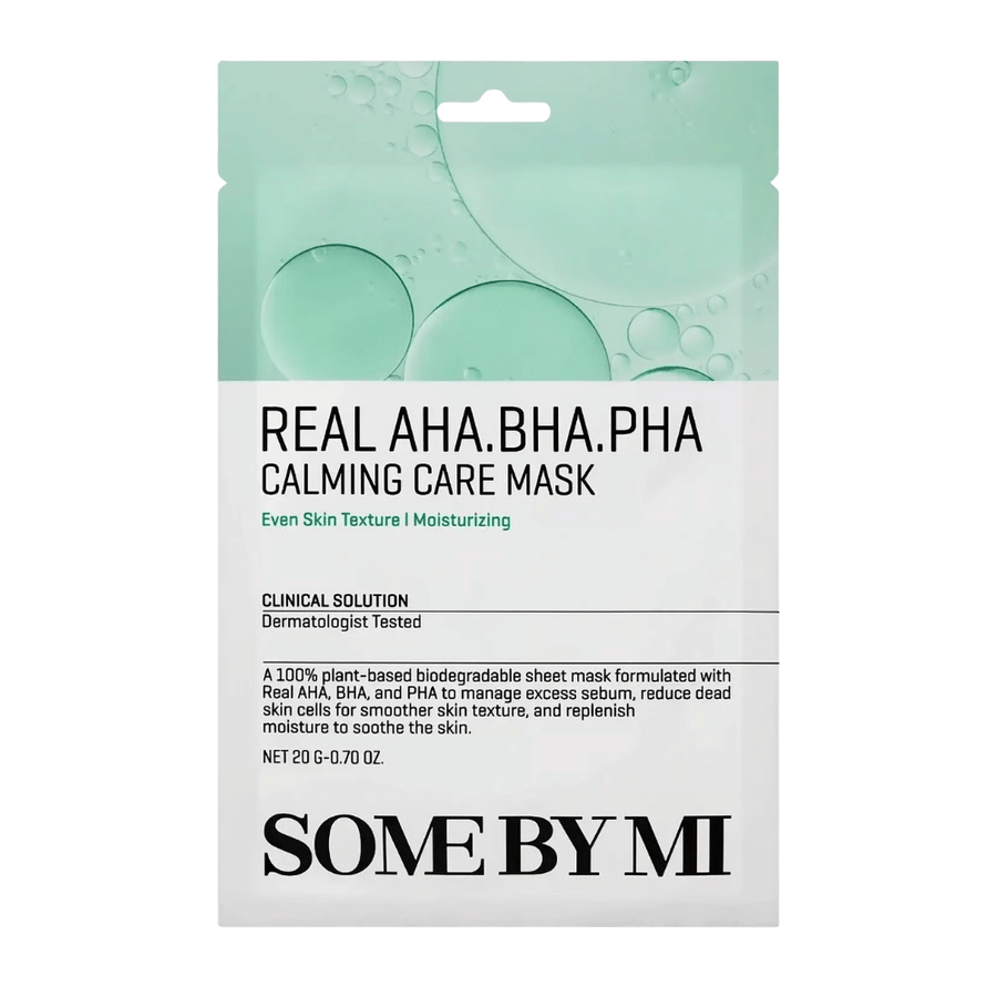 Clean product image of SOME BY MI Real AHA.BHA.PHA Calming Care Mask against a white background. The packaging shows the product's main ingredients, AHA, BHA, and PHA, as well as its purpose of exfoliating the skin, reducing excess sebum, and helping to create softer and more hydrated skin. The design features green tones that convey freshness and caring properties.
