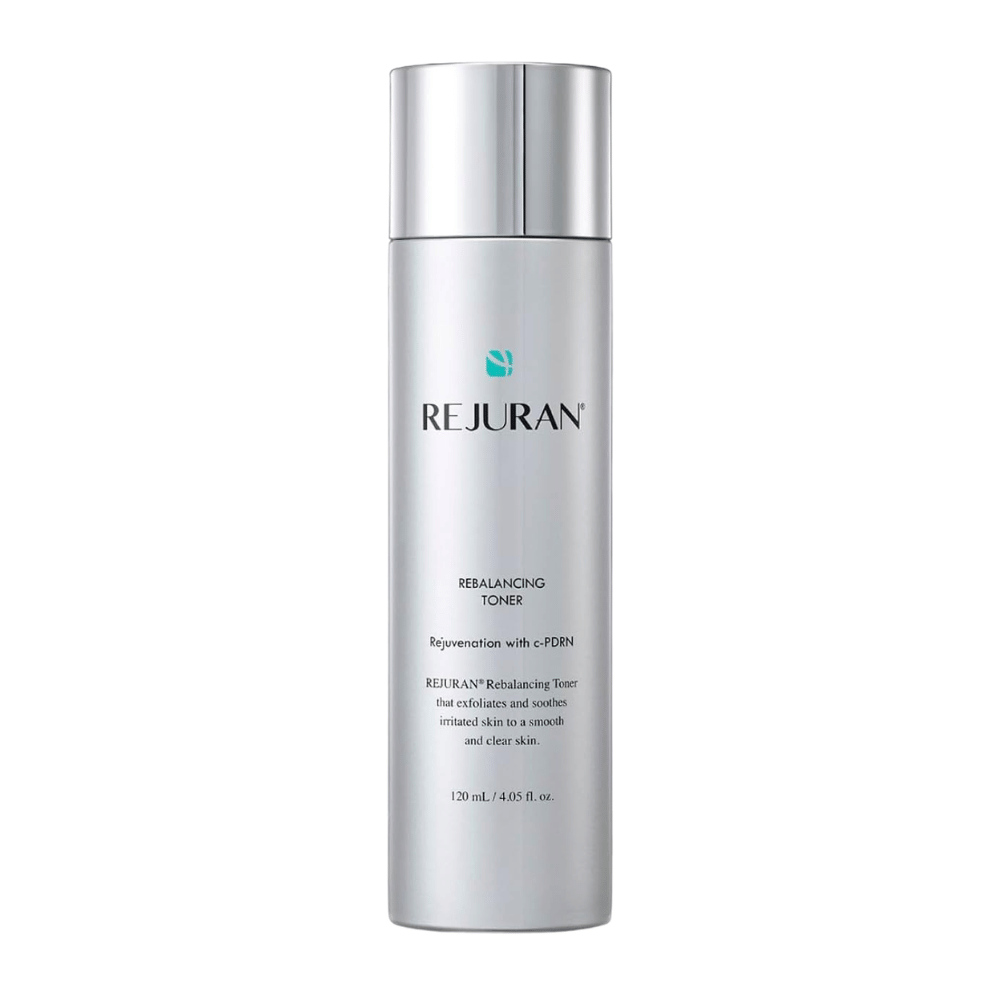 Rejuran Rebalancing Toner 120 ml, balancing facial toner with C-PDRN in a silver-colored bottle with a shiny cap against a white background.